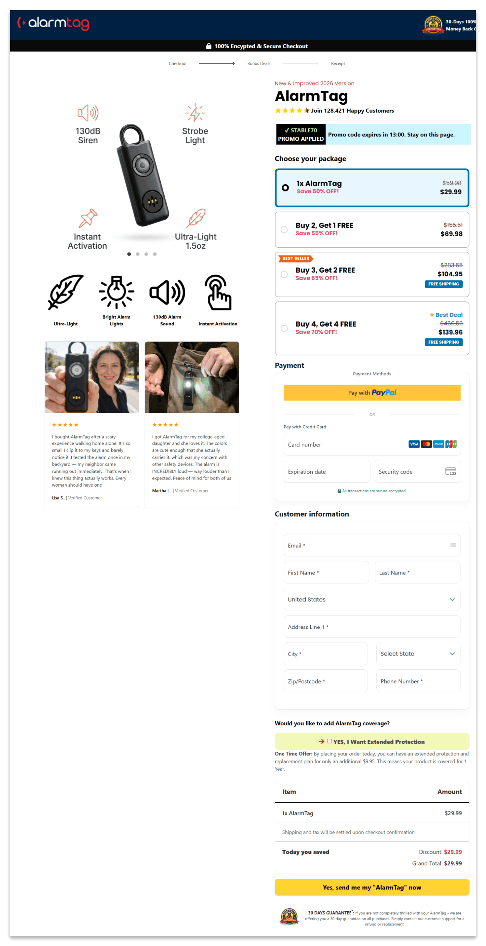 AlarmTag secure checkout page